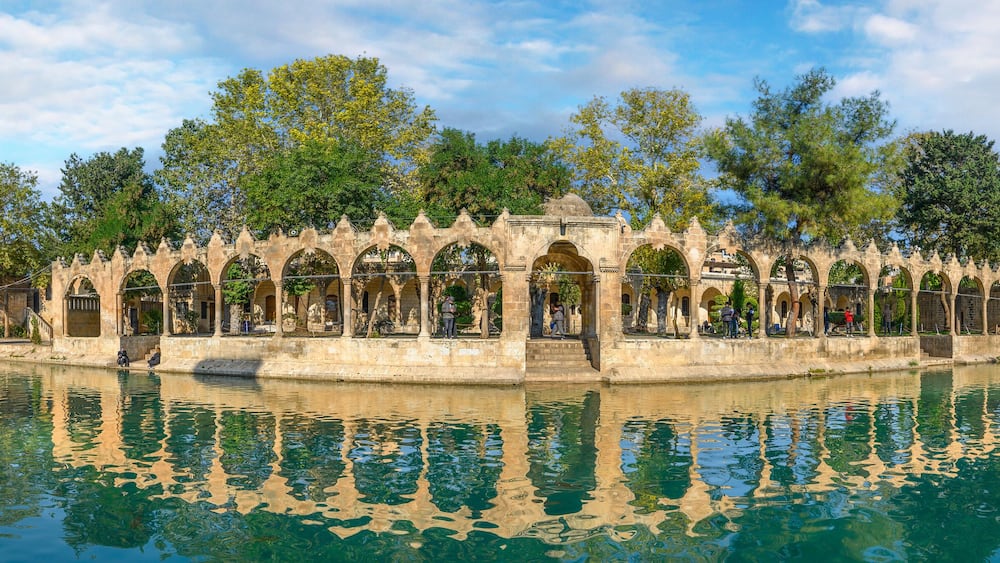 Sanliurfa, Turkey. Balikligol (The Fish Lake). Panorama of the Pool of Abraham or Pool of Sacred Fish. Panoramic view