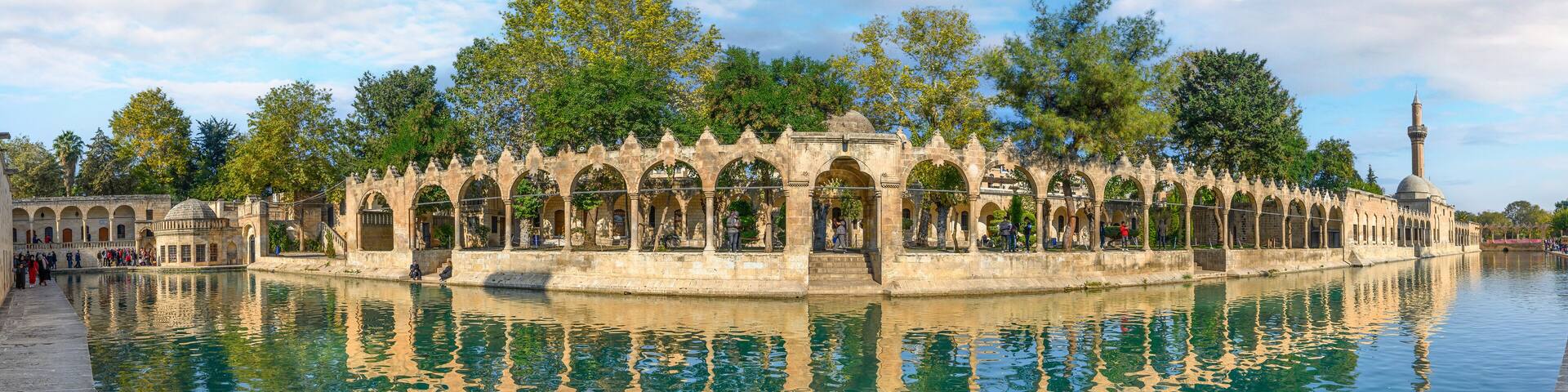Sanliurfa, Turkey. Balikligol (The Fish Lake). Panorama of the Pool of Abraham or Pool of Sacred Fish. Panoramic view