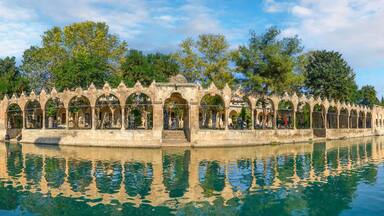 Sanliurfa, Turkey. Balikligol (The Fish Lake). Panorama of the Pool of Abraham or Pool of Sacred Fish. Panoramic view
