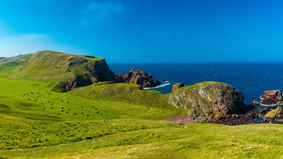 A coastal landscape with green hills, rocky outcrops, and a clear blue sky.