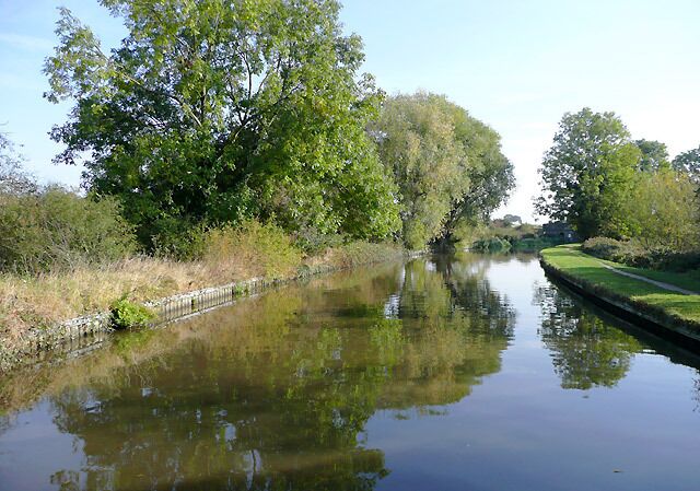 Trent and Mersey Canal near Findern, Derbyshire. The canal takes a fairly straight course here through the flat farm lands on the Trent Valley bottom east of the Buckford bridges. The freight railway line between Stoke (or Burton) and Nottingham (or Derby) runs to the right of the picture less than fifty metres behind the trees.