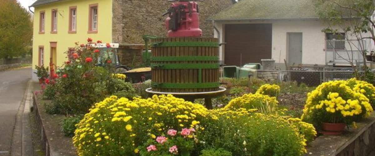 A yellow house with a stone roof, a green and red water tower, and flower beds with yellow and pink flowers.