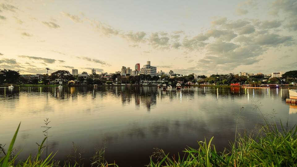 A calm lake with a city skyline in the background, surrounded by greenery.