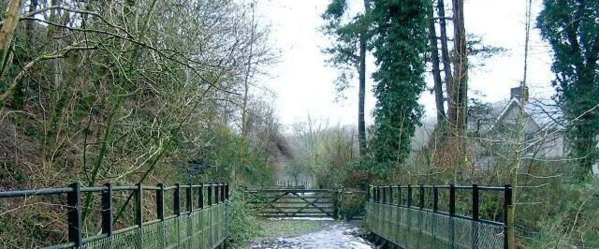A gravel path leading to a metal gate, surrounded by trees and a fence.