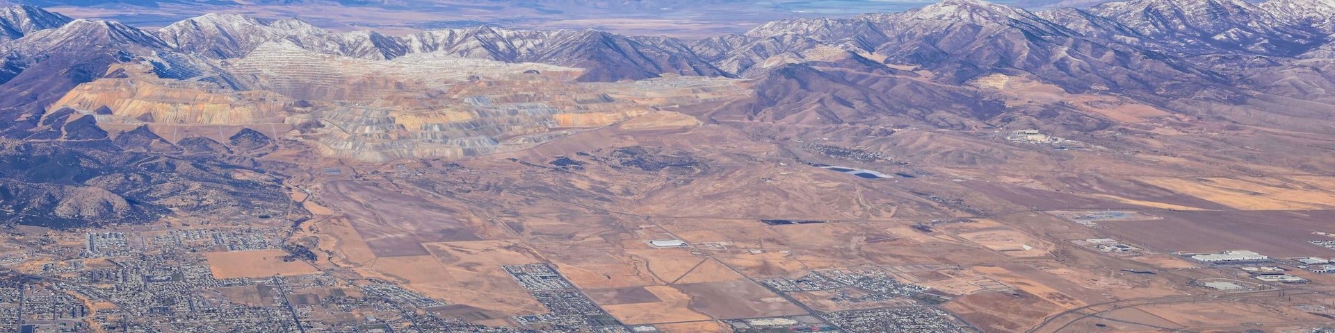 Rocky Mountains, Oquirrh range aerial views, Wasatch Front Rock from airplane. South Jordan, West Valley, Magna and Herriman, by the Great Salt Lake Utah. United States of America. USA.