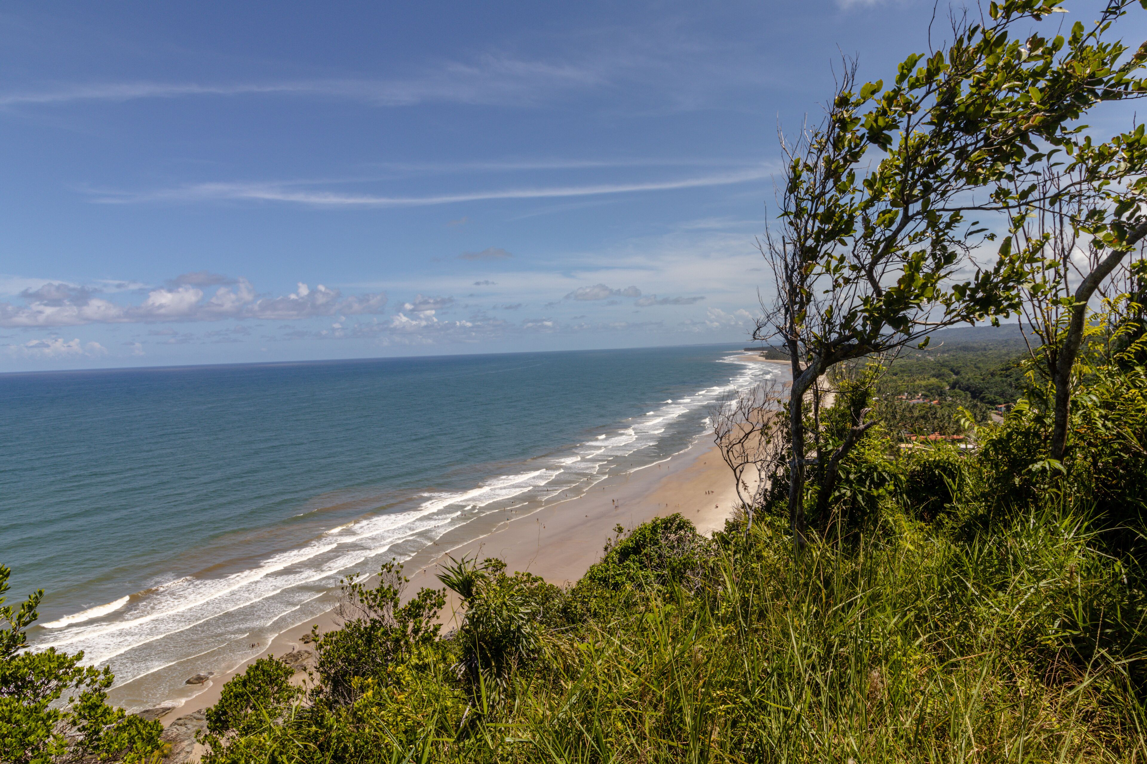 A coastal landscape with a beach, ocean waves, and surrounding greenery.