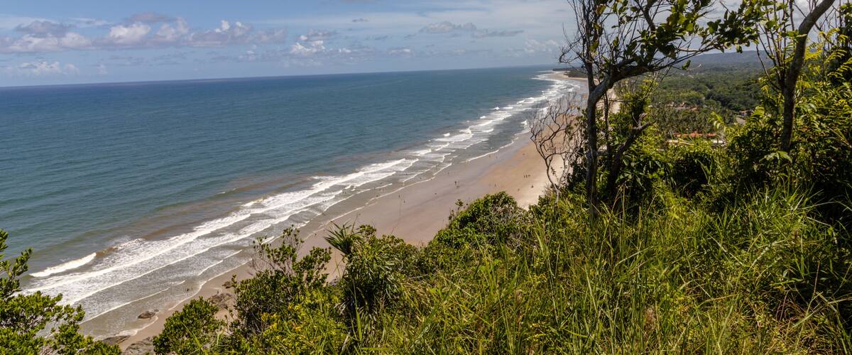 A coastal landscape with a beach, ocean waves, and surrounding greenery.