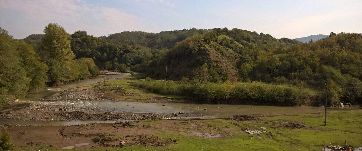 A river flowing through a forested valley with hills in the background.