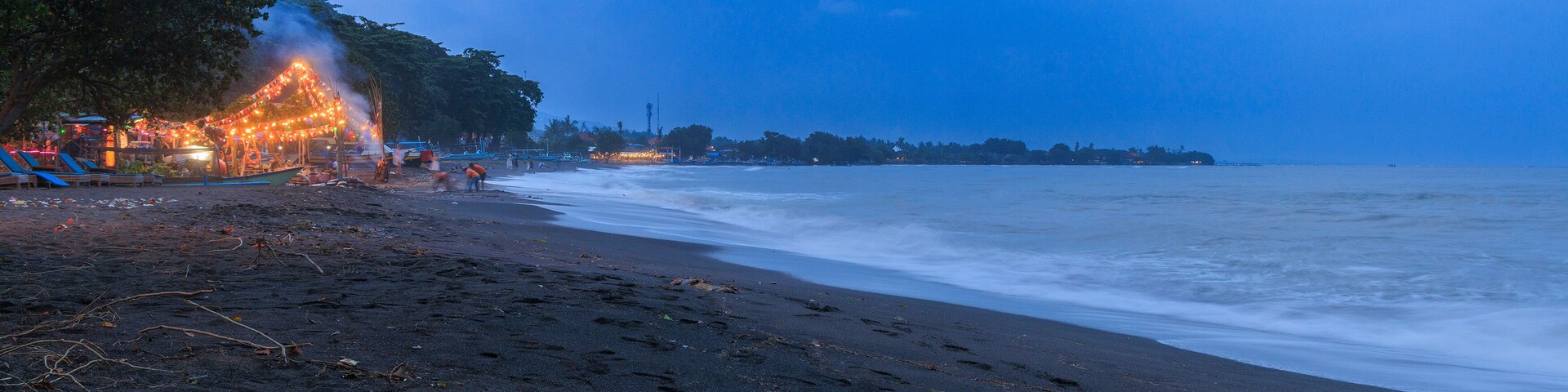 Una playa con huellas, un árbol y una orilla lejana.