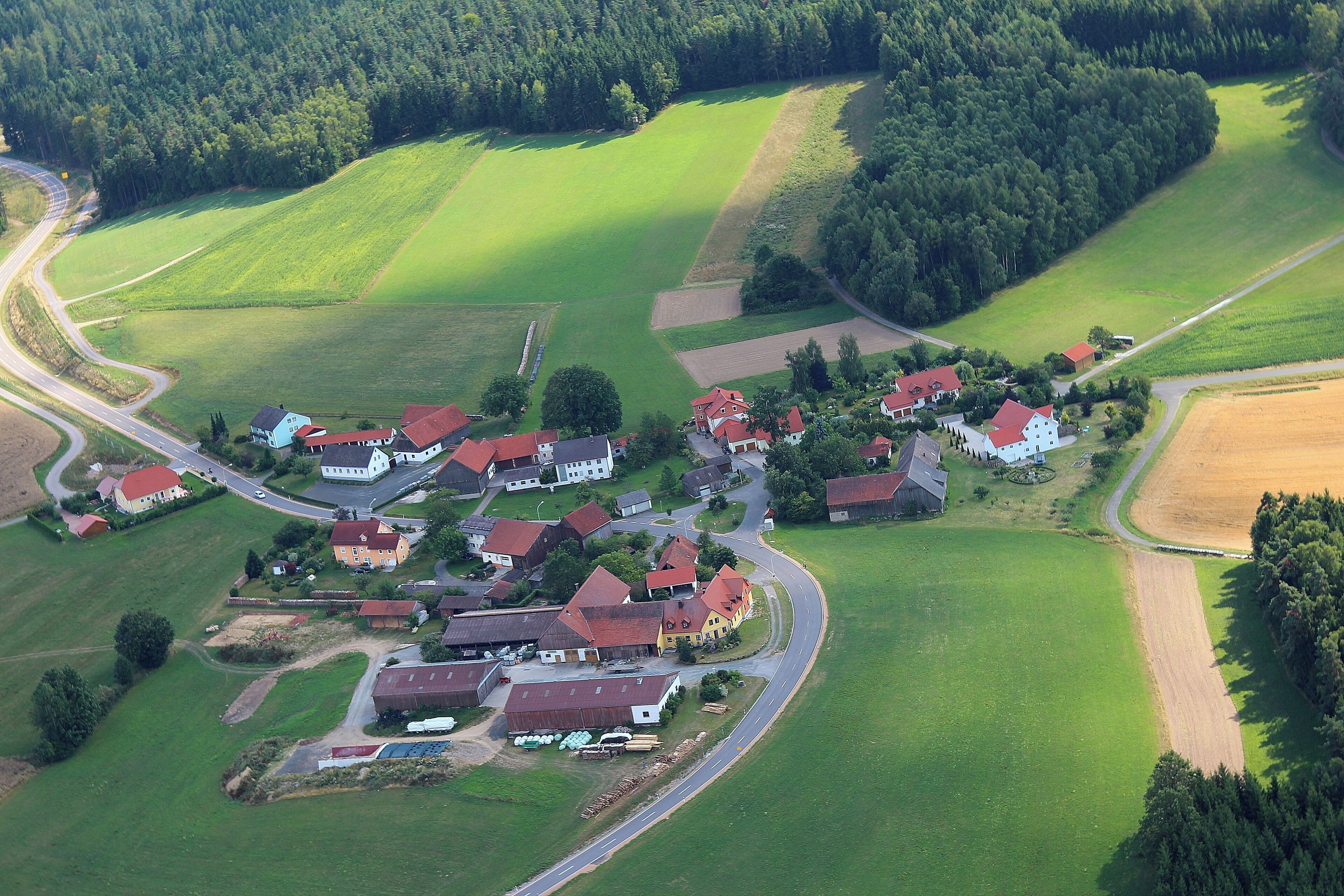An aerial view of a rural village with houses, roads, fields, and forests.