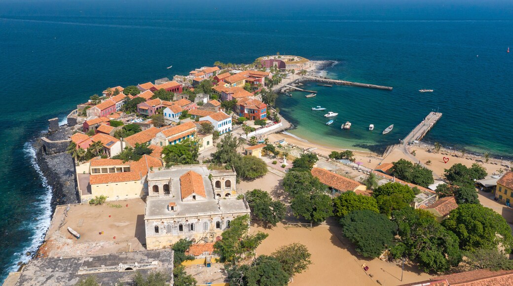 Aerial view of Goree Island. Gorée. Dakar, Senegal. Africa. Photo made by drone from above. UNESCO World Heritage Site.