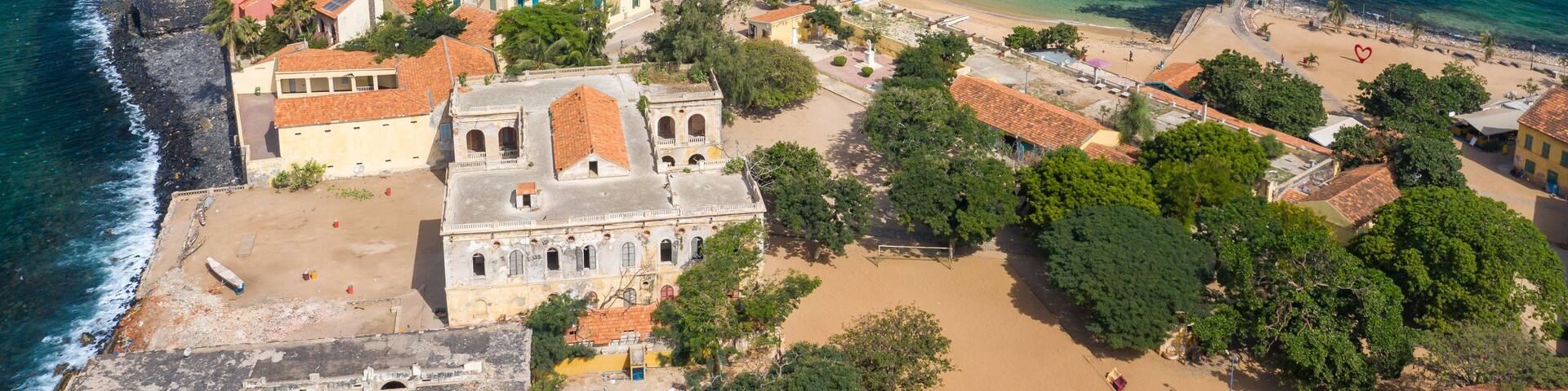 Aerial view of Goree Island. Gorée. Dakar, Senegal. Africa. Photo made by drone from above. UNESCO World Heritage Site.