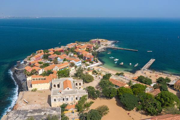 Aerial view of Goree Island. Gorée. Dakar, Senegal. Africa. Photo made by drone from above. UNESCO World Heritage Site.