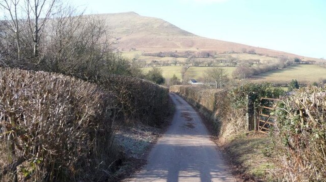 Lane between Pengenffordd and Dinas Farm Looking back down westwards towards Pengenffordd with Mynydd Troed's summit behind.