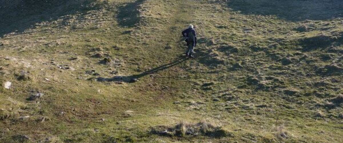 A hilly landscape with a person walking on a trail.