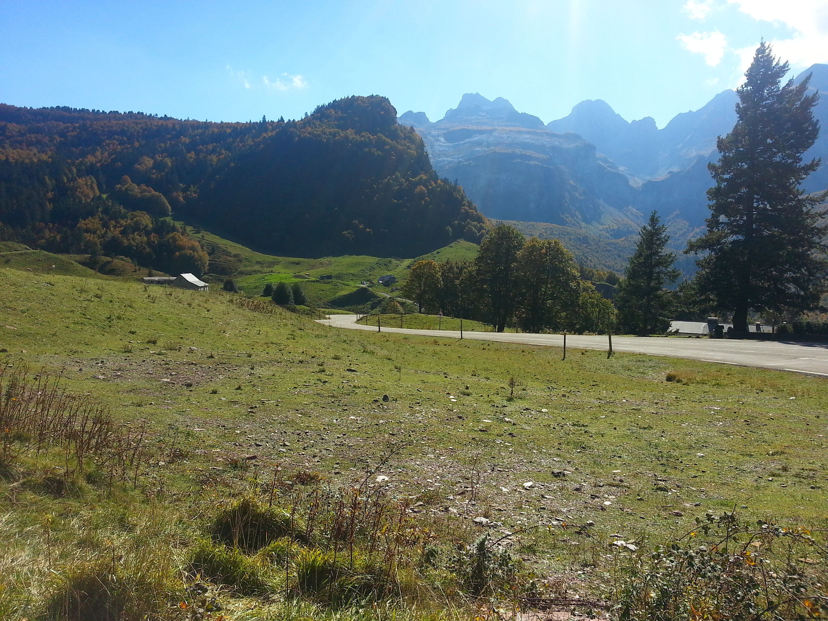 A mountainous landscape with a winding road, green fields, and scattered trees.