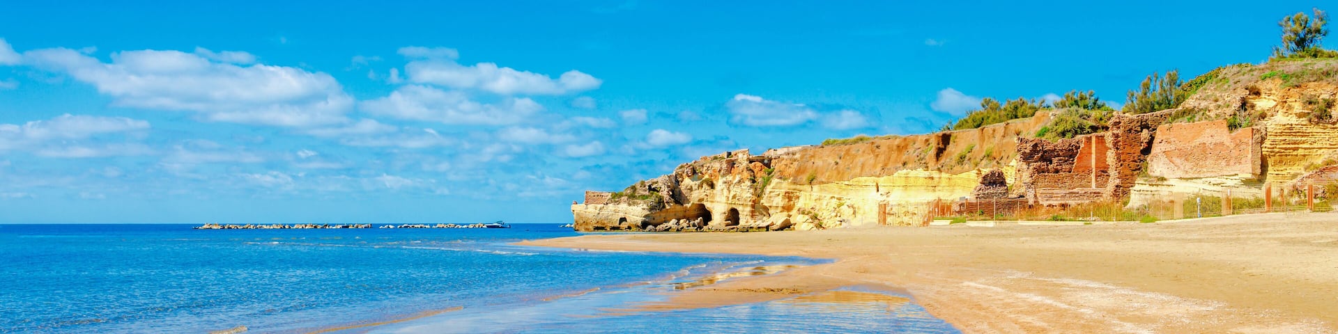 Grotte di Nerone beach and sea. Anzio, near Rome, Italy. Summer sunset