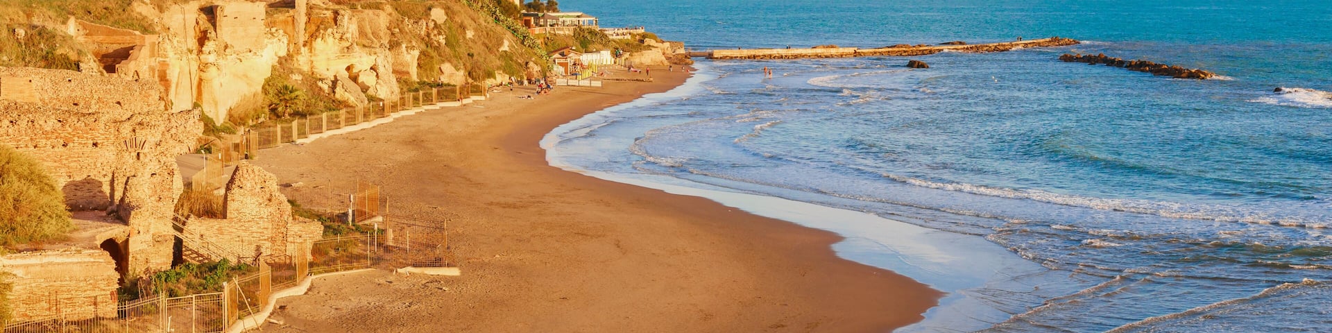 Grotte di Nerone beach and sea. Anzio, near Rome, Italy. Summer sunset