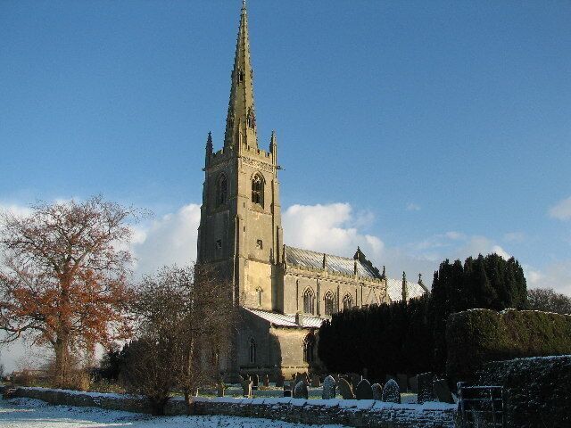 St Peter's parish church, Claypole, Lincolnshire, seen from the southwest in snow
