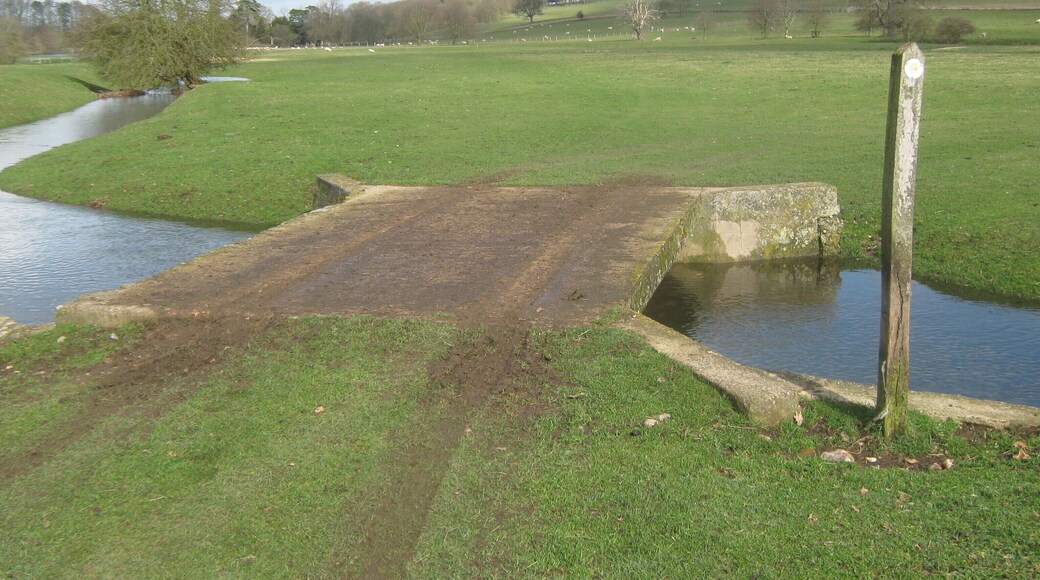 Bridge on Elham Valley Way The long distance walk heads over a farm bridge (over the River Nailbourne) in a sheep pasture near Bourne House, the path leads towards Bourne Park Road.