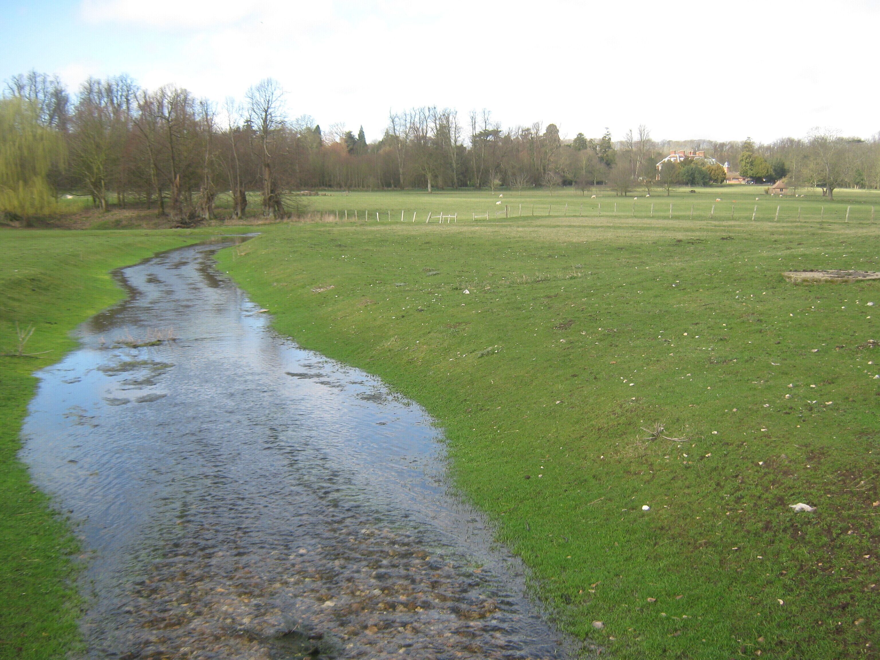 Feeder stream to River Nailbourne. Seen from 1776736. This stream leads from a spring in Bourne House land and feeds into the River Nailbourne heading towards the House (seen in the background on the right).