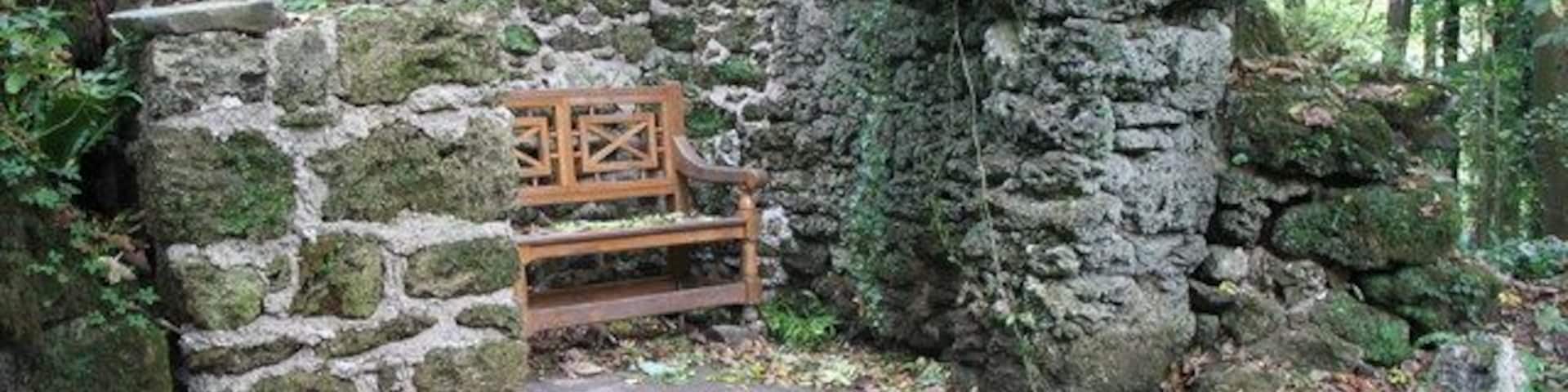 Hackfall Grotto This Folly originally had a vaulted roof but has long since collapsed. The view from the seat is of the 40ft waterfall in front of it.