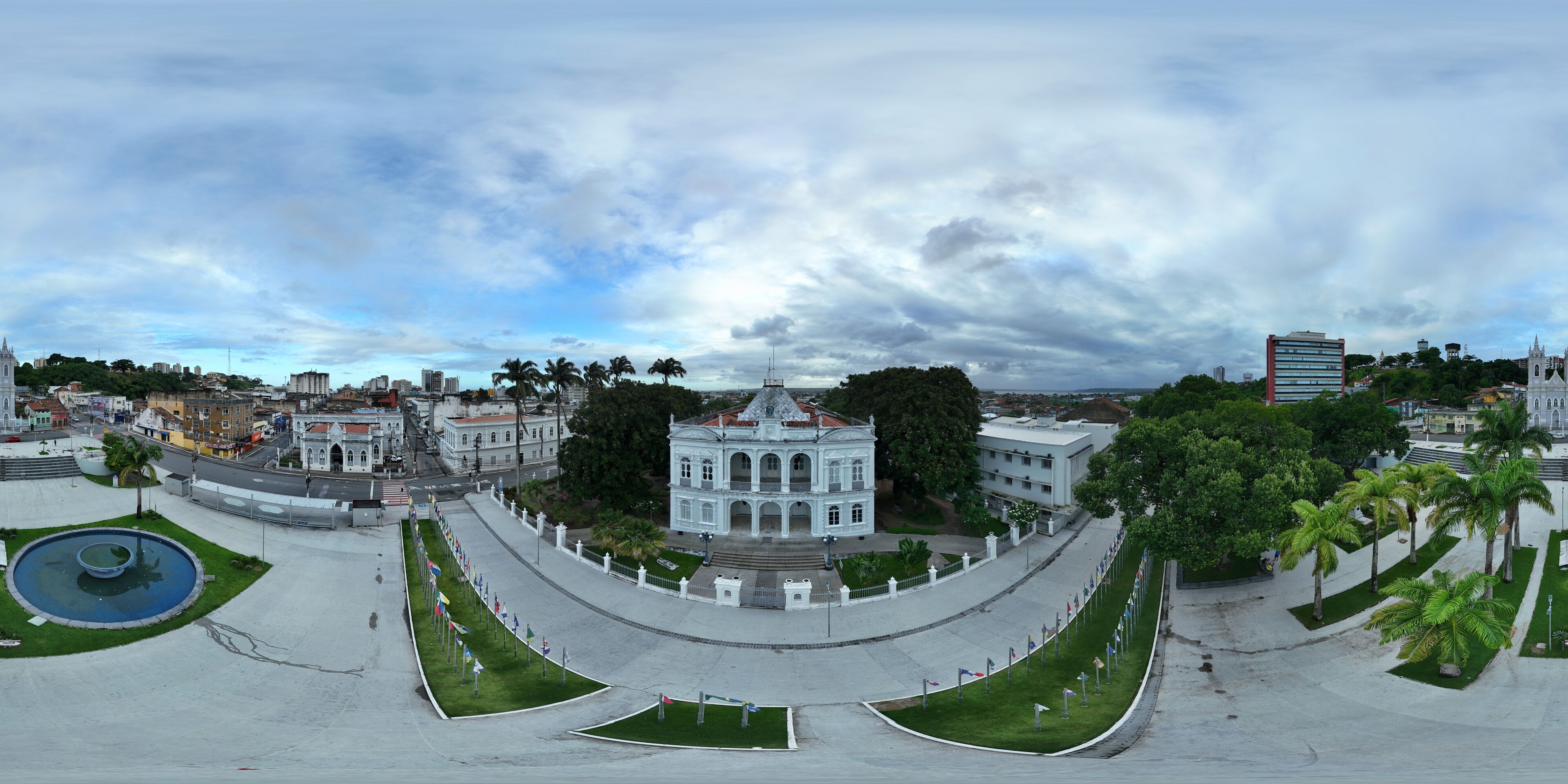 360 aerial photo taken with drone of Floriano Peixoto Palace Museum on overcast afternoon in Maceió, Alagoas, Brazil