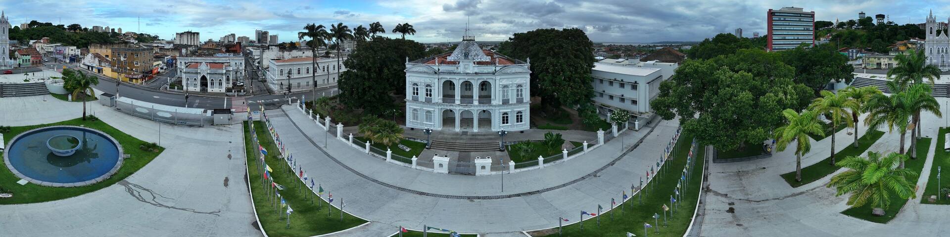 360 aerial photo taken with drone of Floriano Peixoto Palace Museum on overcast afternoon in Maceió, Alagoas, Brazil