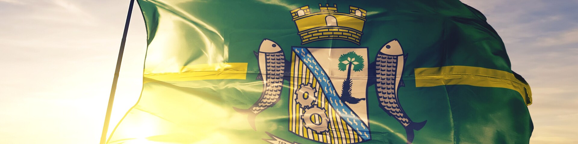 Una bandera con un escudo que incluye una corona, un pez y engranajes, ondeando bajo un cielo al atardecer.