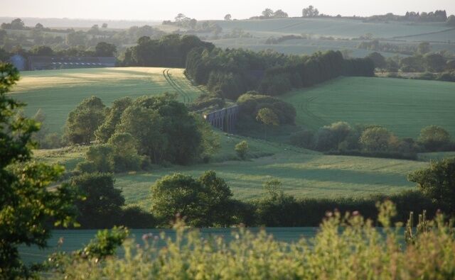 Rolling green fields, a fence, and trees in a rural landscape.