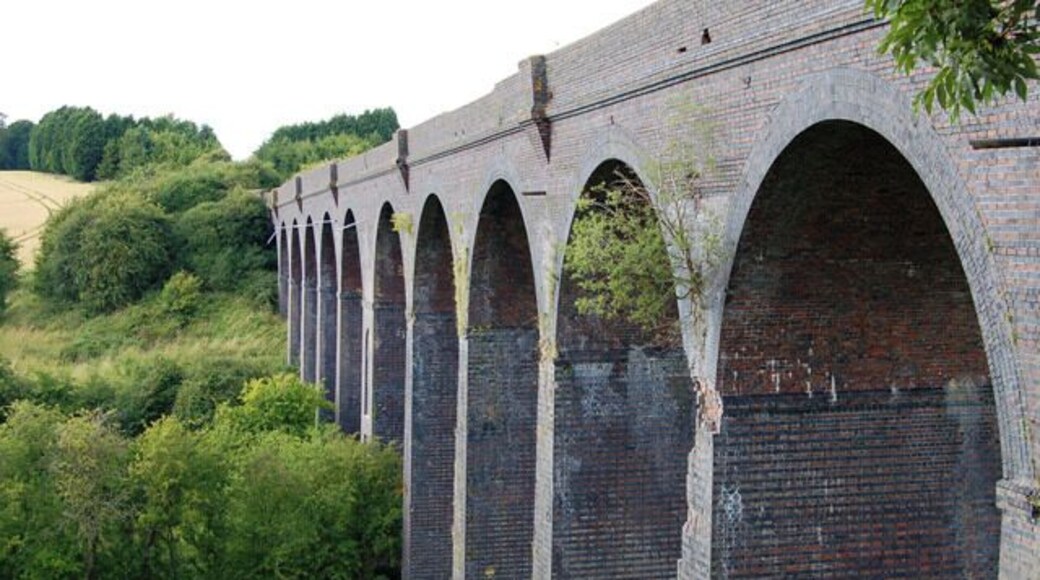 Looking north at the west side of Catesby viaduct. The twelve arches of this lofty blue-brick viaduct carried the now-dismantled Great Central Railway mainline over the infant River Leam. The ex-GCR line from Nottingham to London Marylebone opened in 1899 and closed in 1966.