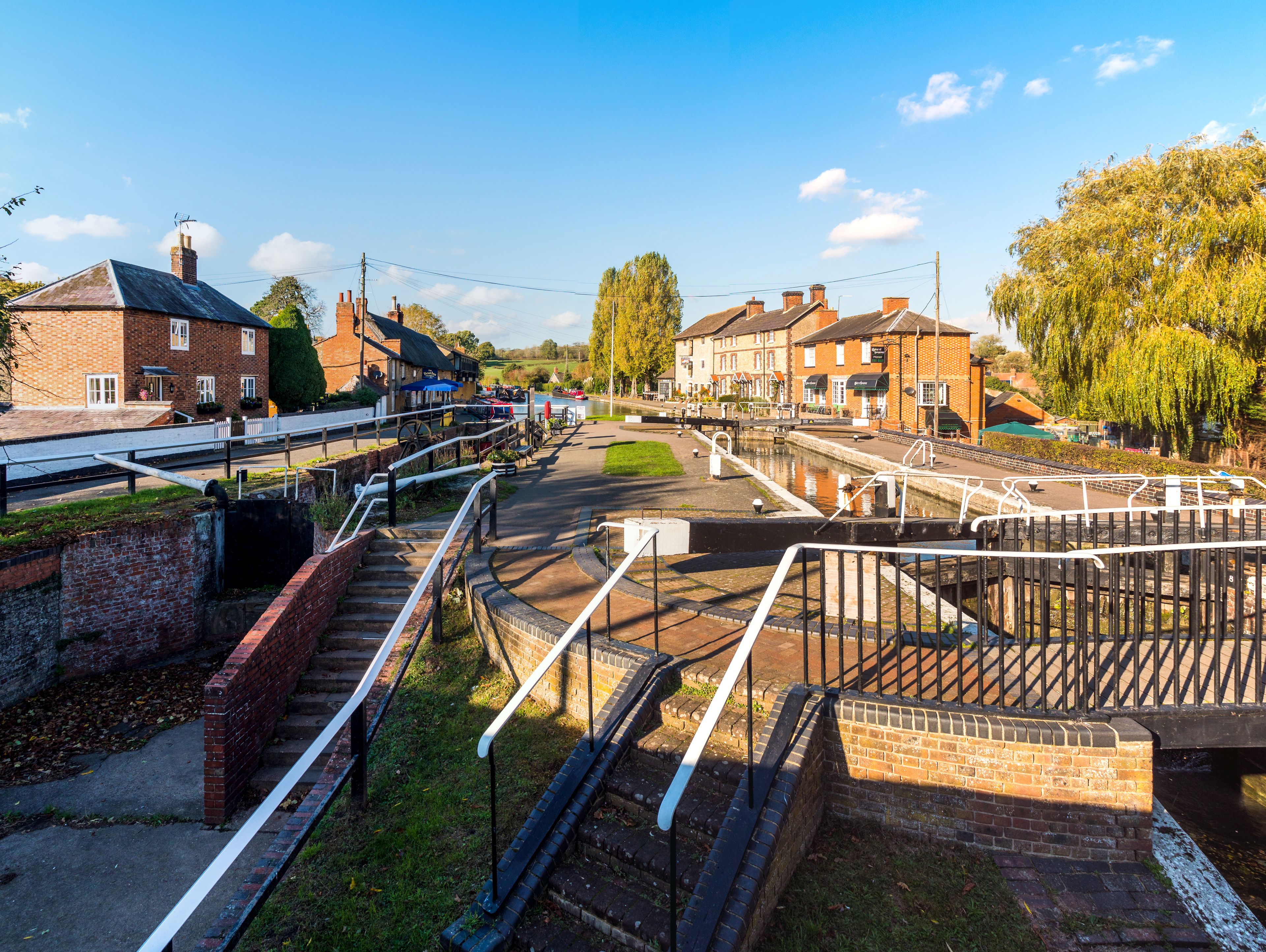 wide angle day view of boat canal in stoke bruerne england uk