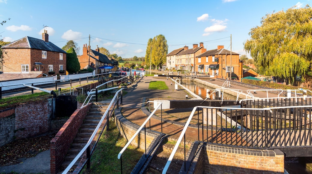 wide angle day view of boat canal in stoke bruerne england uk