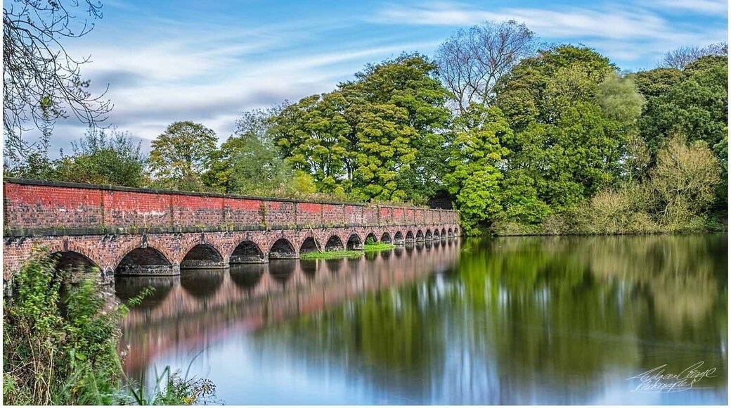 Reflections from the 19 arch bridge at Carr Mill Dam in St Helens, Merseyside