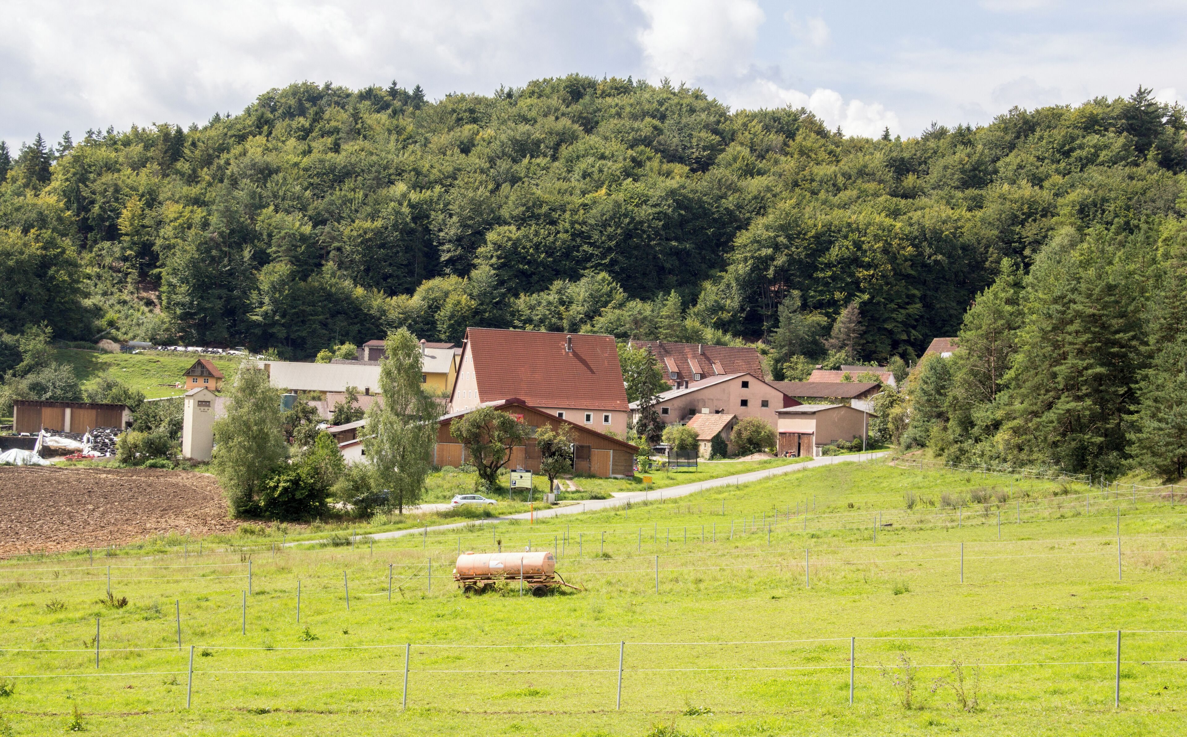 A rural landscape with houses, a field, and a forested hill.