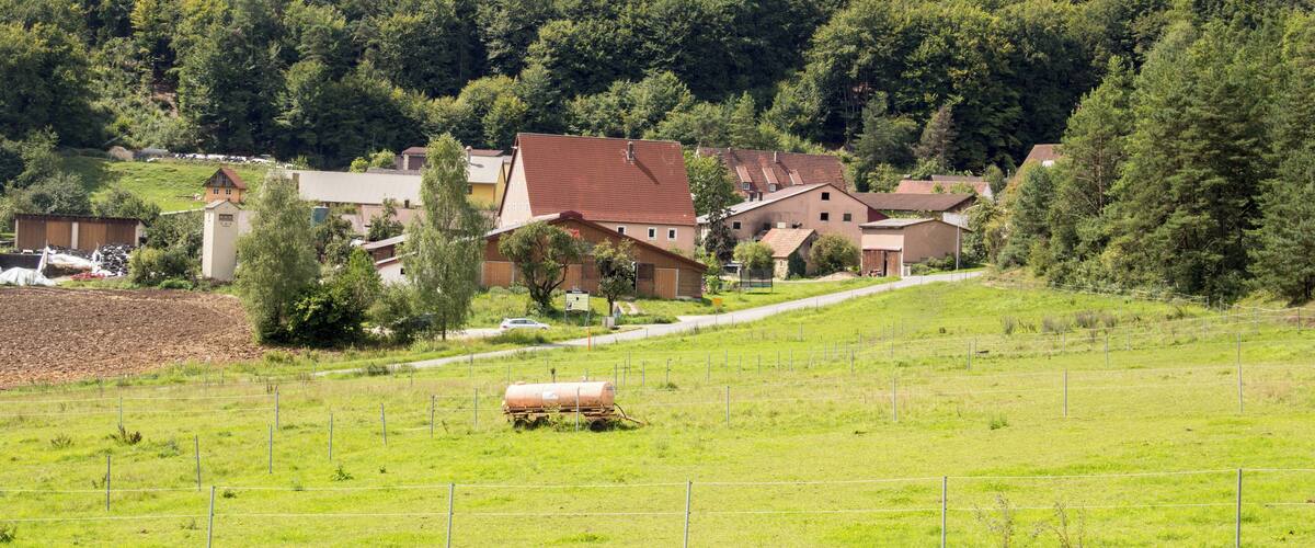 A rural landscape with houses, a field, and a forested hill.