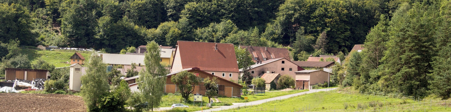 A rural landscape with houses, a field, and a forested hill.