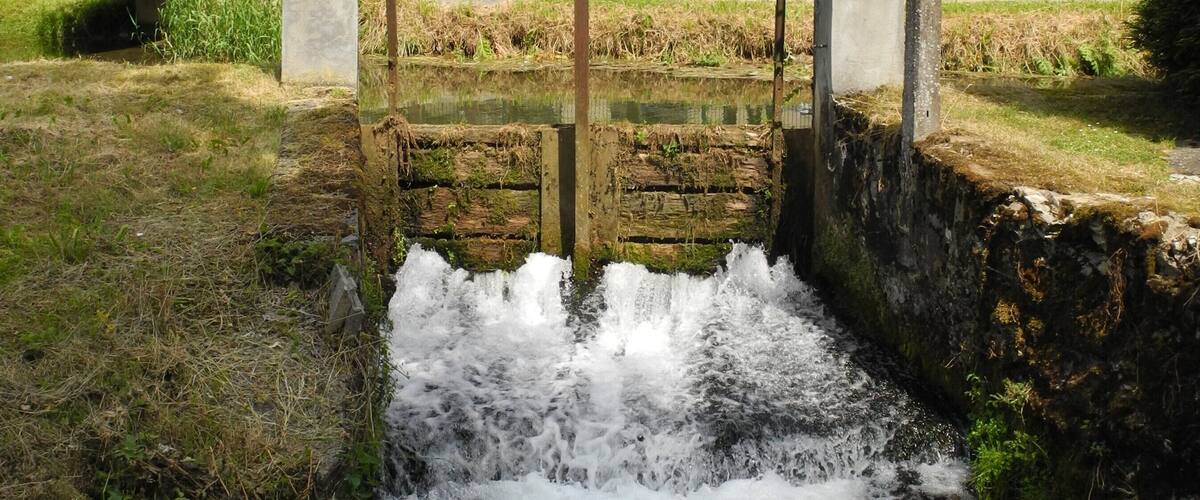A small waterfall in a rural area with houses and trees in the background.