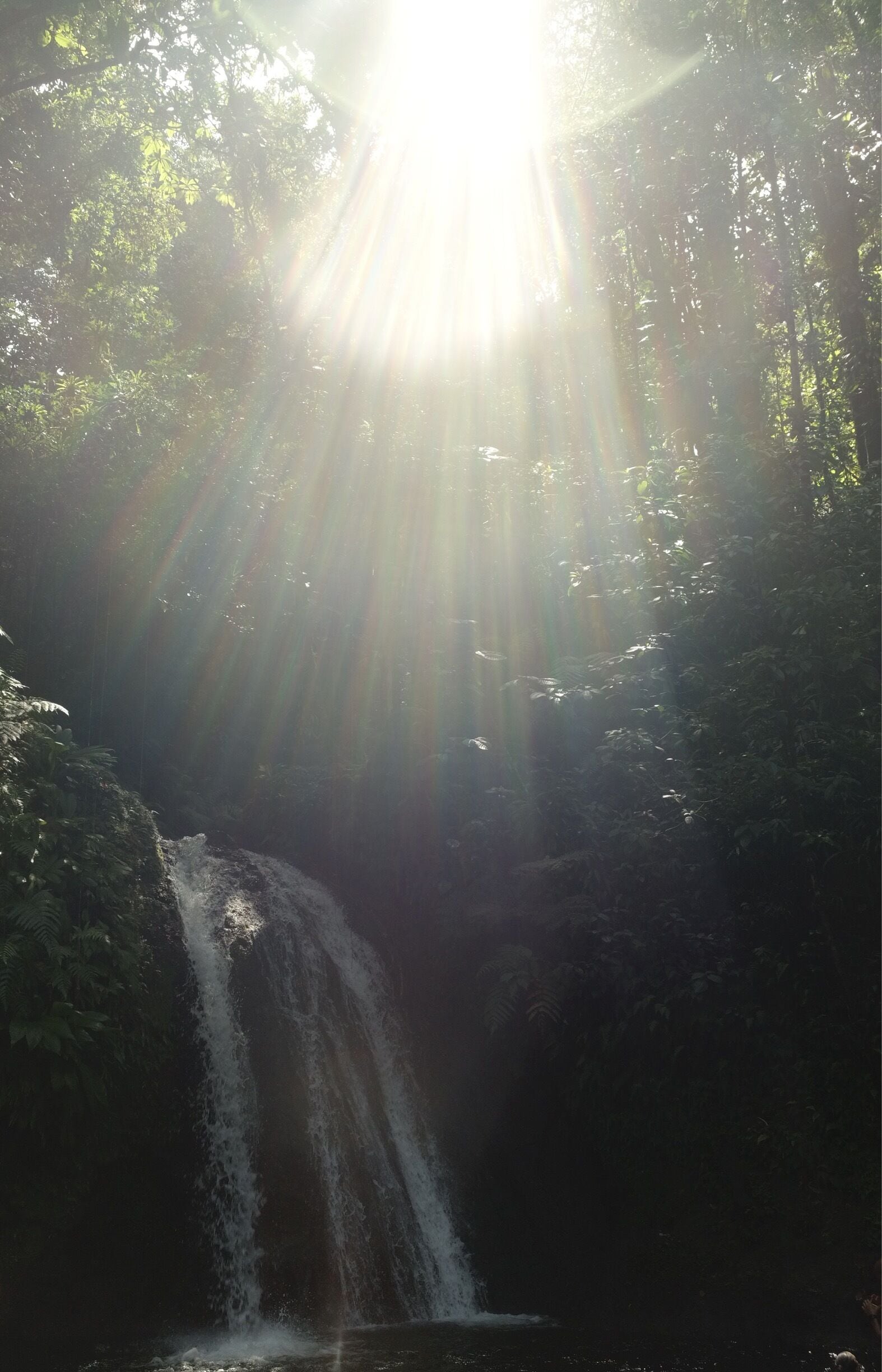 Waterfall with the sun shining through. 