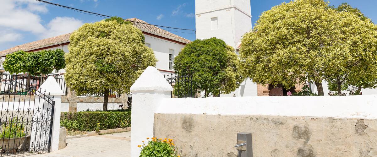 A white church with a bell tower, surrounded by trees and a white wall.