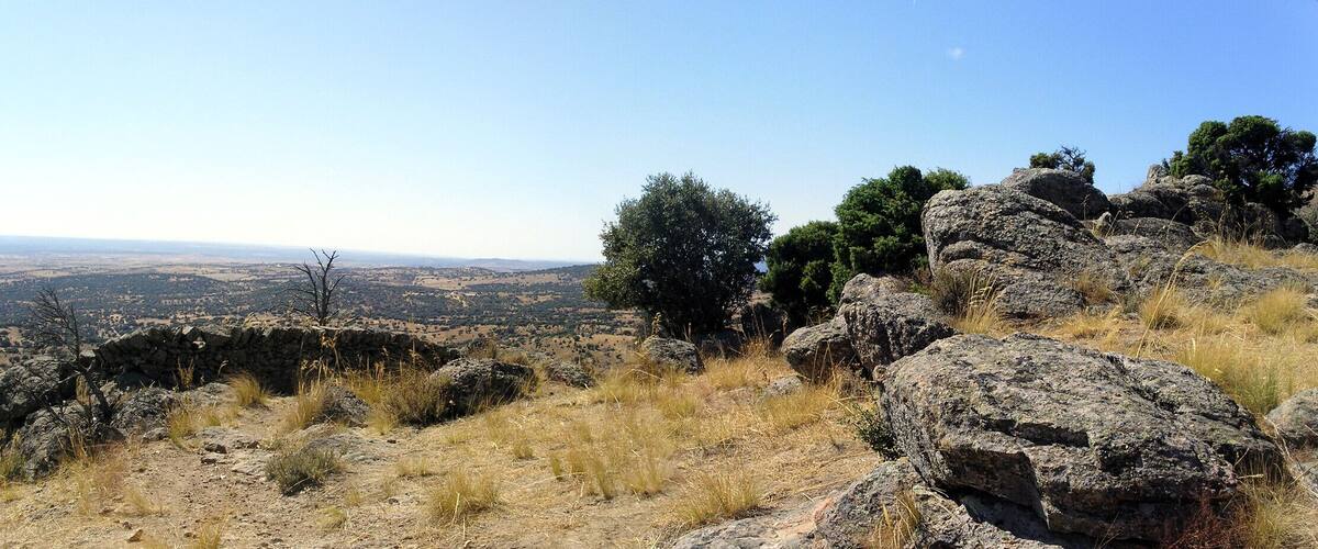 A rocky hillside with sparse vegetation and a distant view of a valley.