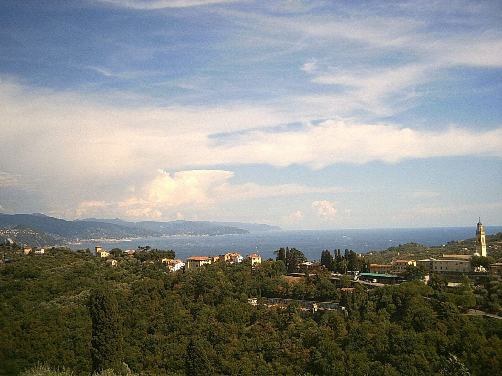 A coastal town with buildings nestled among trees, a lighthouse, and distant mountains.