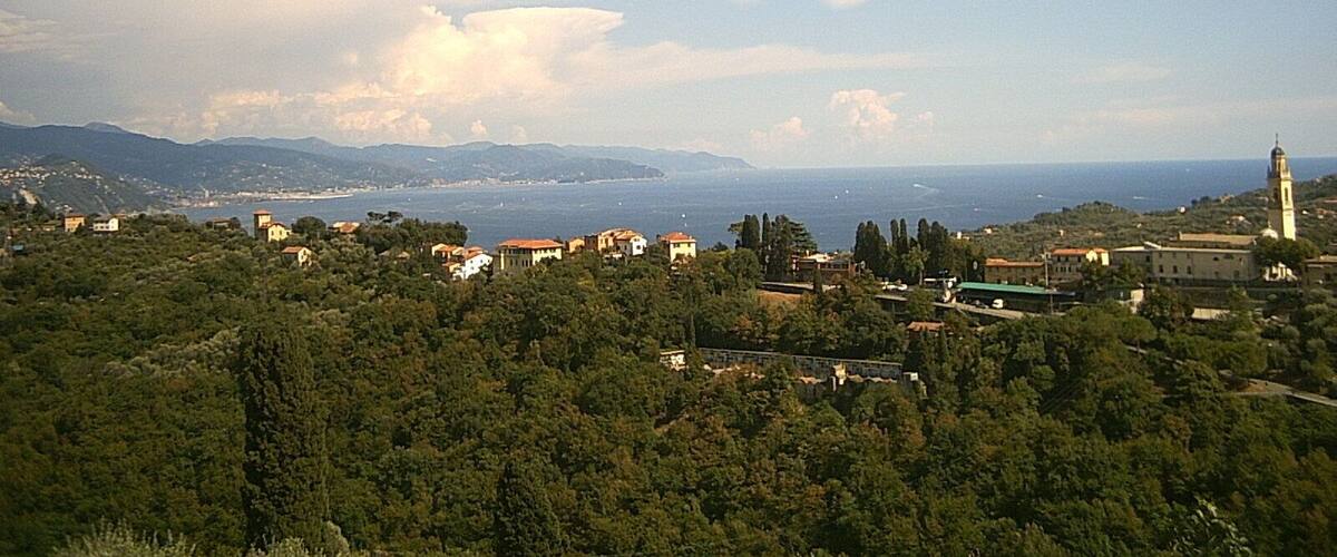 A coastal town with buildings nestled among trees, a lighthouse, and distant mountains.