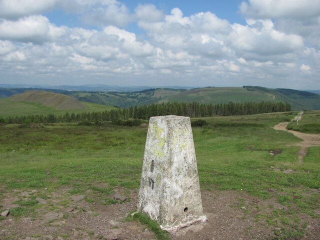 Mynydd Machen trig point. The transmitter station is out of shot to the right.