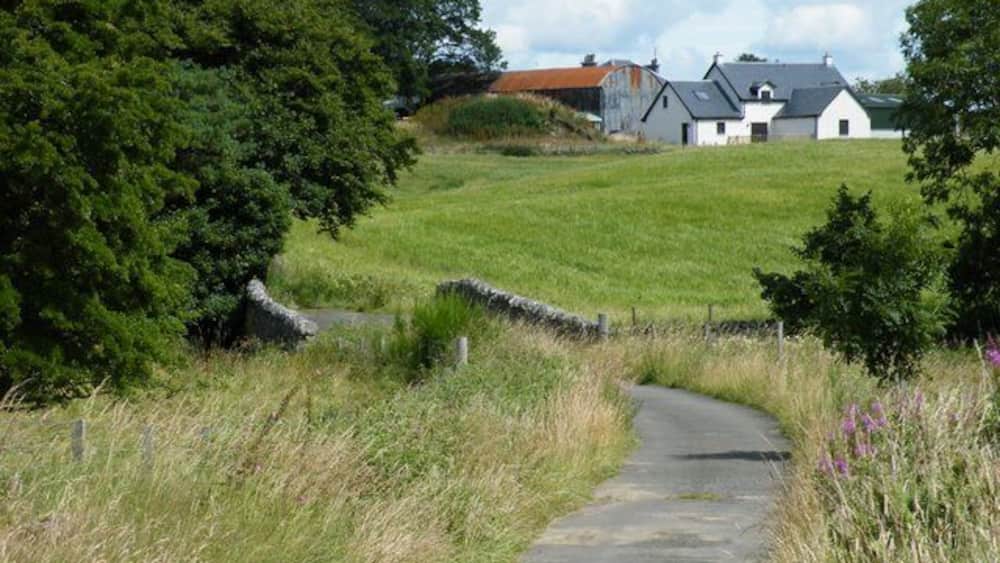A rural pathway leading to a house with a red roof, surrounded by greenery and a stone wall.