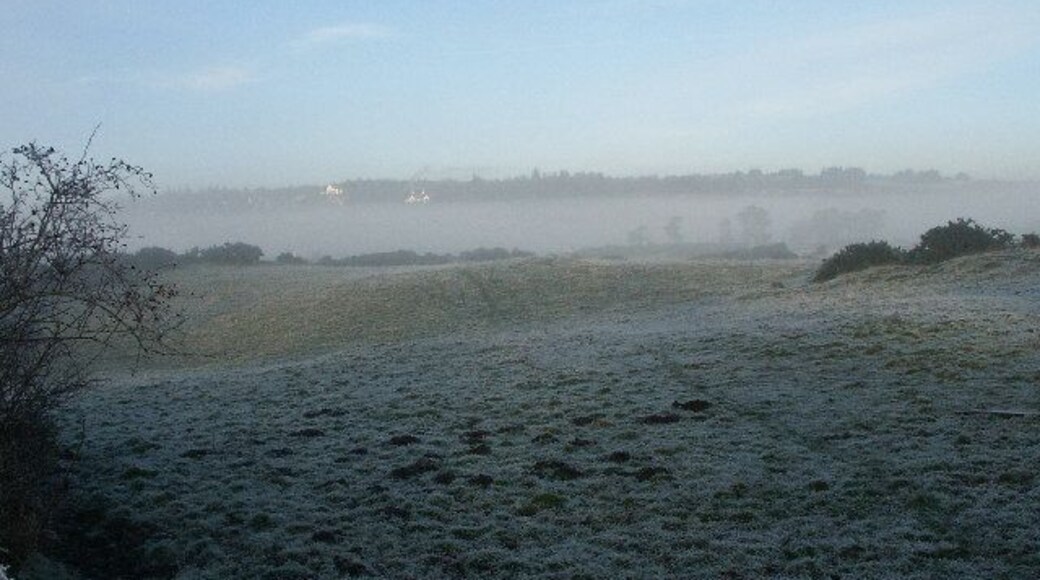 Craigends looking toward Knapps over the Loch. Taken from a car park on Bridge of Weir Road. Over the frosty misty fields toward Knapps on the hill (Kilmacolm) and Knapps Loch under the mist. Early afternoon Christmas day.