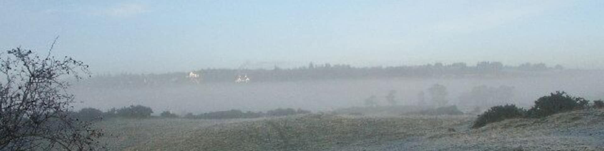 Craigends looking toward Knapps over the Loch. Taken from a car park on Bridge of Weir Road. Over the frosty misty fields toward Knapps on the hill (Kilmacolm) and Knapps Loch under the mist. Early afternoon Christmas day.