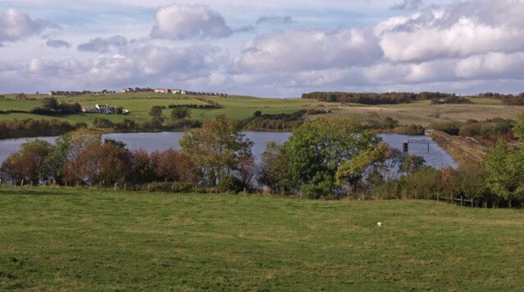 Auchendores Reservoir Looking from Finlaystone Road over the reservoir. Park Farm housing scheme in upper Port Glasgow on the hilltop. Castle Hill Farm below the houses.