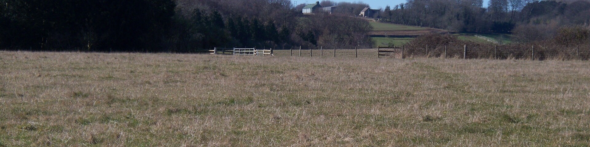 A rural landscape with a grassy field, a wooden fence, and a cluster of houses in the distance.