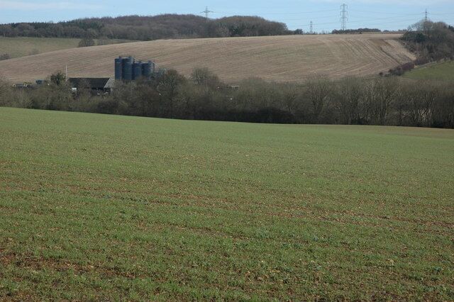 Farmland near Coberley Farmland around Slack's Barn, which can be seen to the left of centre.